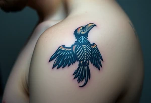 Powerful mythical creature that is raven skeleton with peackock feathers tattoo idea