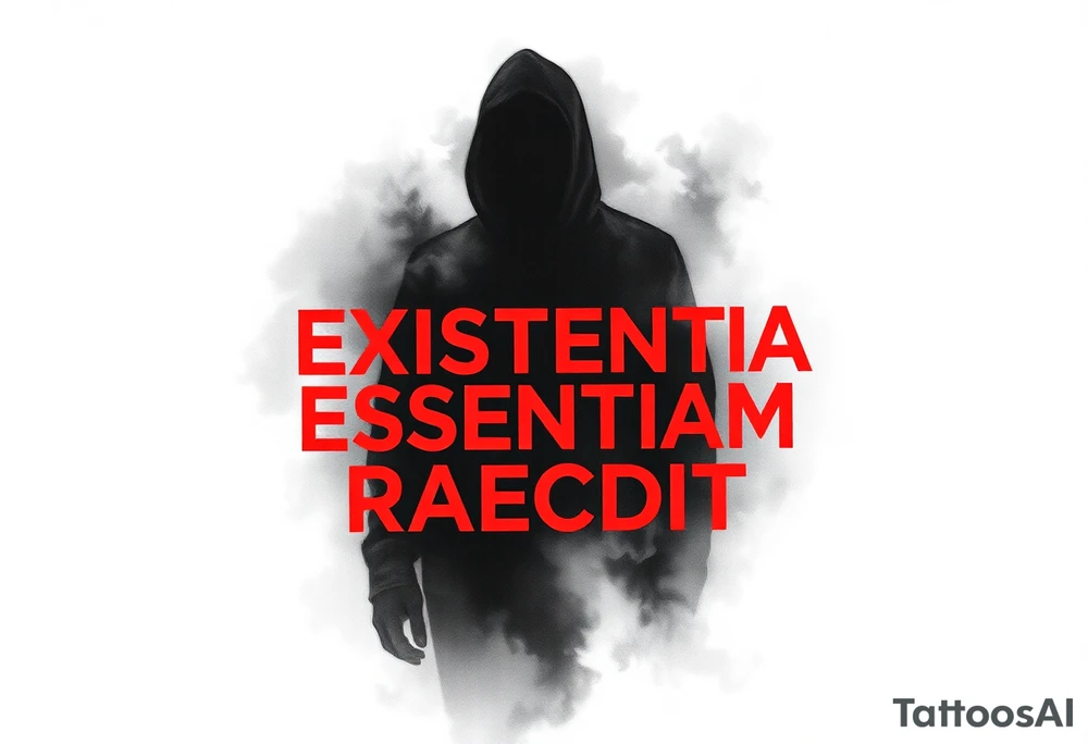 Create a blackwork tattoo design featuring a hazy, diffused human silhouette that appears to be emerging through a veil. Use shades of black and gray to suggest smoke or fog. Partially overlay the red text ‘EXISTENTIA ESSENTIAM PRAECEDIT’ onto the silhouette, making the letters partially covered by the figure. The overall mood should be minimalistic, mysterious, and conceptual, representing the existential notion that existence precedes essence.Create a blackwork tattoo design featuring a hazy, diffused human silhouette that appears to be emerging through a veil. Use shades of black and gray to suggest smoke or fog. Partially overlay the red text ‘EXISTENTIA ESSENTIAM PRAECEDIT’ onto the silhouette, making the letters partially covered by the figure. The overall mood should be minimalistic, mysterious, and conceptual, representing the existential notion that existence precedes essence. tattoo idea