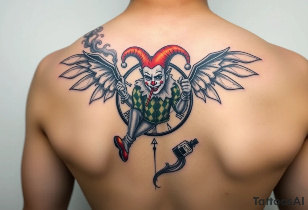a jester clown floating in smoke with a  clock, the time says 420,  with two open wings besides the clock, smoke as the spring rising from the clock, a jester clown coming out the smoke, smoking in one hand with a liquor bottle on the other hand tattoo idea