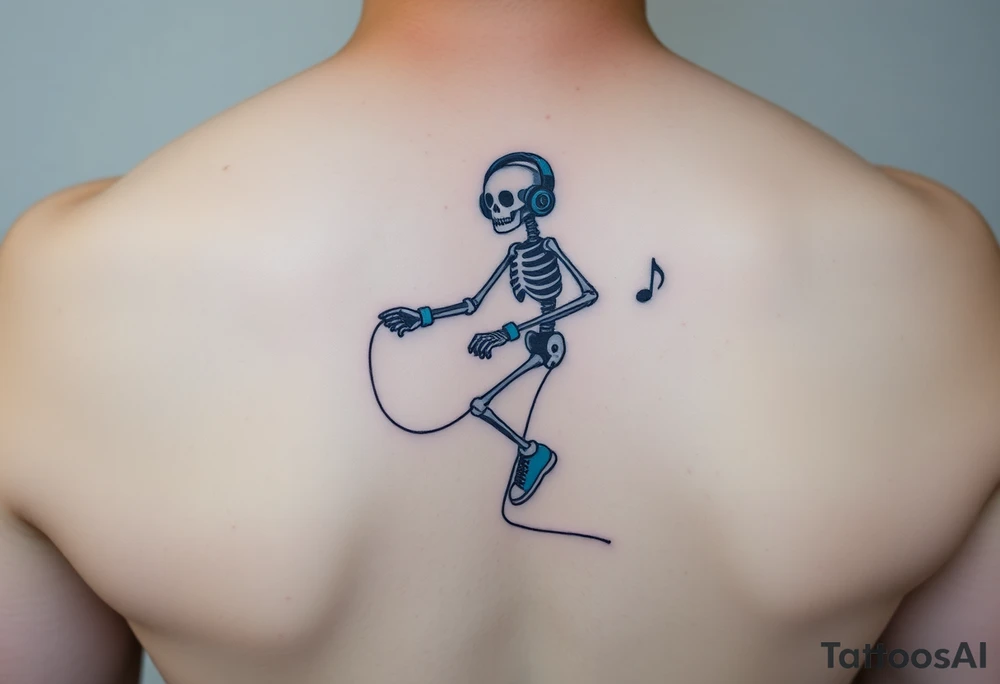 Minimalist funny looking short skeleton skipping on a jumping rope with blue headphone blue tennis shoes blue arm bands and music notes colorful tattoo idea