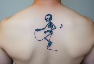 Minimalist funny looking short skeleton skipping on a jumping rope with blue headphone blue tennis shoes blue arm bands and music notes colorful tattoo idea