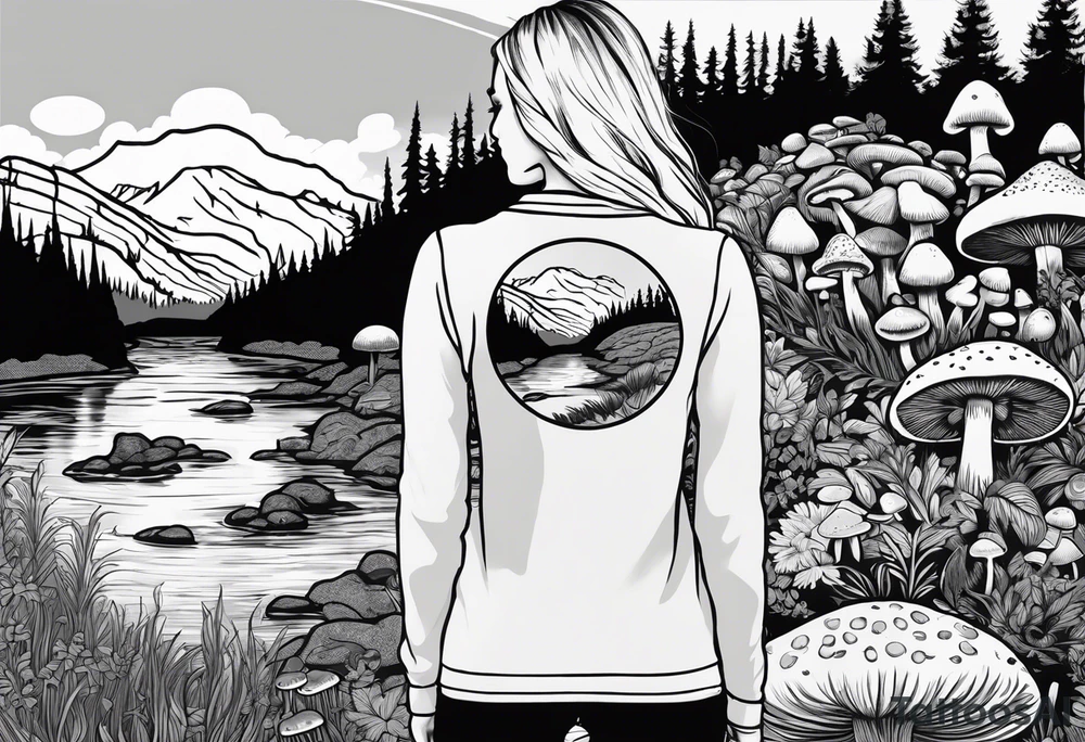 Whole picture encircled fully

Straight long blonde hair hippie girl in distance holding mushrooms in hand facing away toward mountains and creek surrounded by mushrooms long sleeve shirt and hiking pants; whole rendering within a full circle, no cut off circle tattoo idea