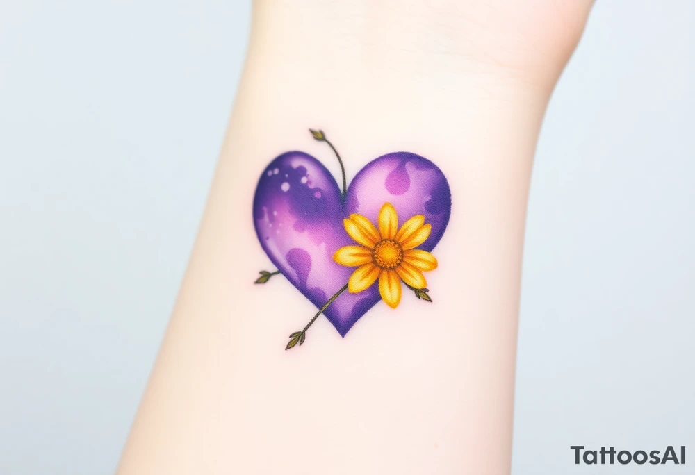 Small Purple Heart & yellow Daisy flower tattoo idea