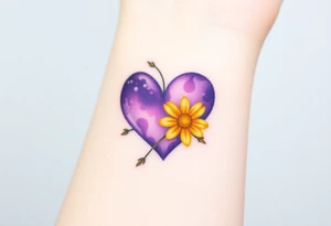 Small Purple Heart & yellow Daisy flower tattoo idea