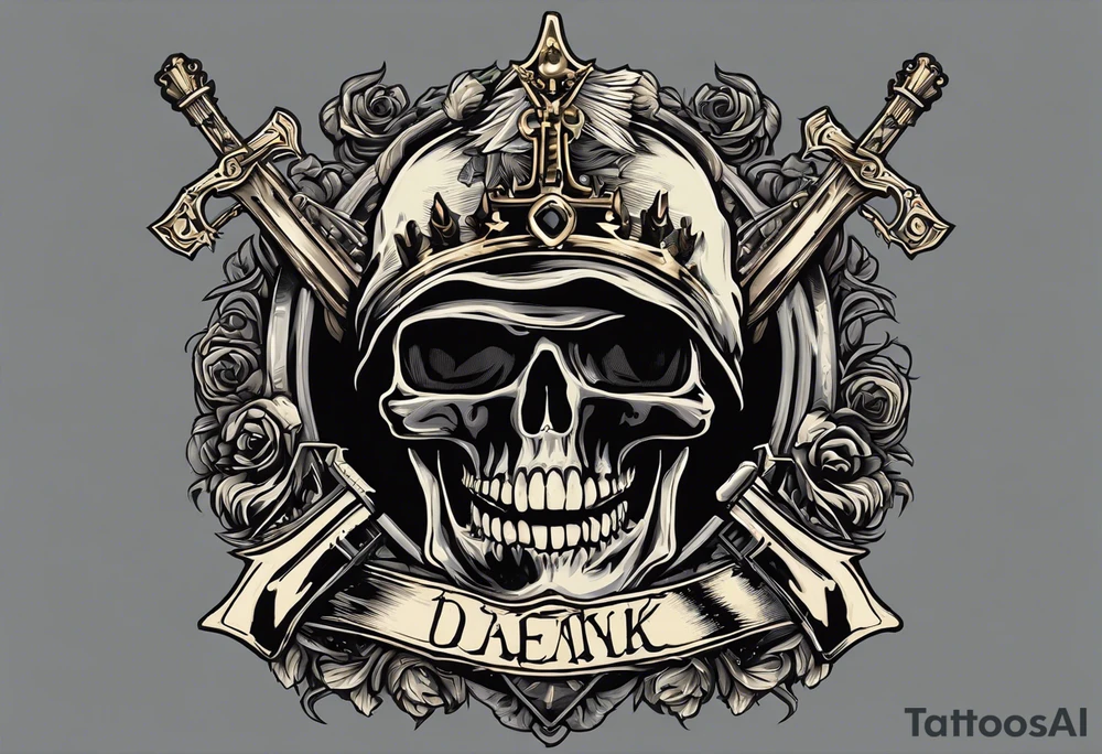 image of a skeleton standing frontally with a crown on his head, holding an AK-47 on his shoulder with his right hand. The chain on the left should be taut, there are three angry barking Dobermans in it, near the waist tattoo idea