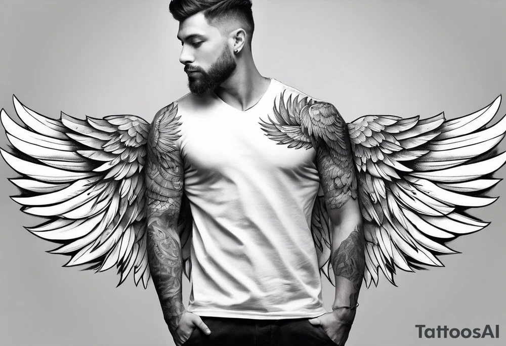 wings across male shoulders with detailed feathers, extending a few inches down each arm tattoo idea