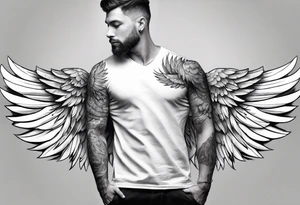 wings across male shoulders with detailed feathers, extending a few inches down each arm tattoo idea