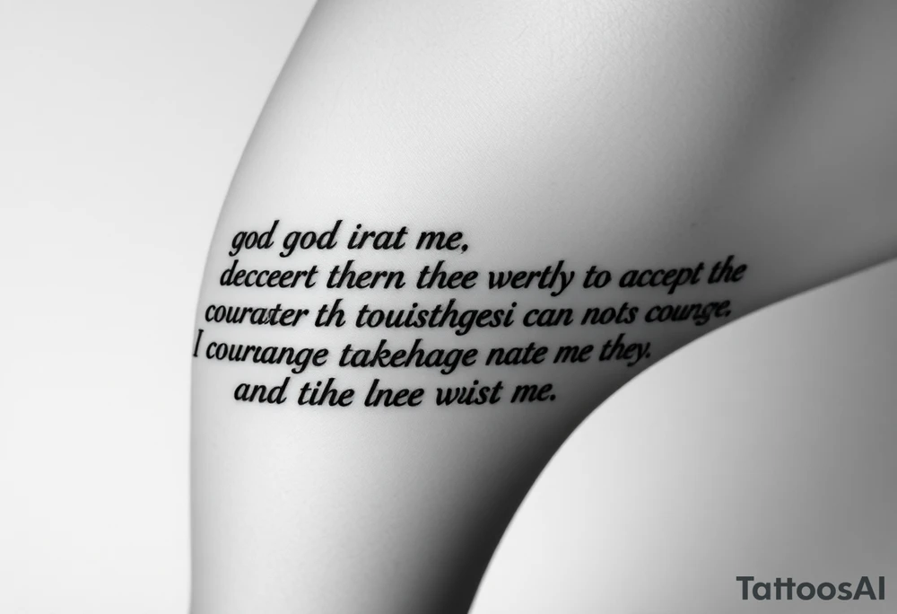 Generate a leg tattoo going horizontial down a women’s leg all the way down saying “god grant me the serenity to  accept the things I can not change courage to change the things I can and the wisdom to know the difference” put god , serenity , courage, and wisdom in red tattoo idea