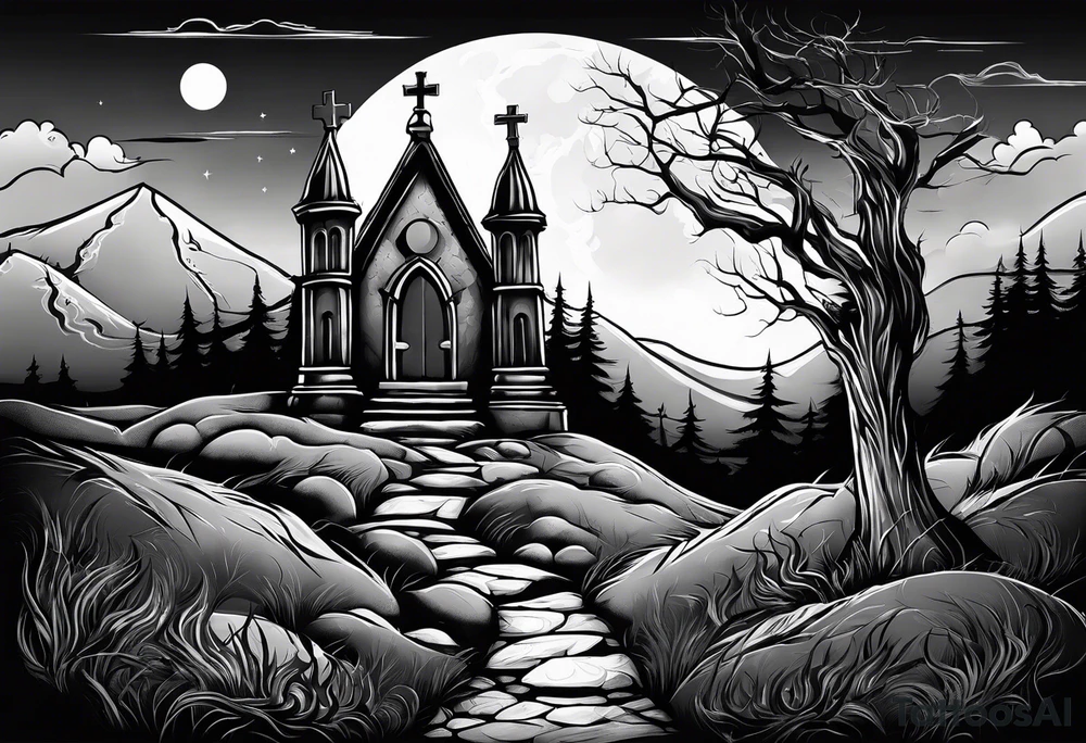 Graveyard with moon and smoke  on hills tattoo idea
