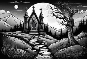 Graveyard with moon and smoke  on hills tattoo idea