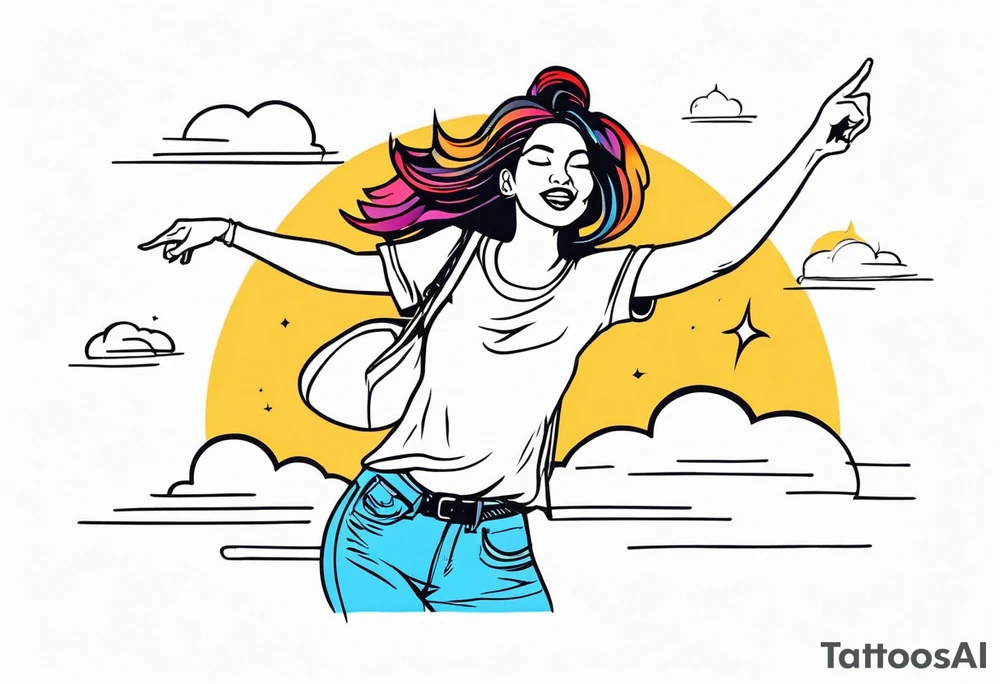 Silly. odd woman ugly dancing pointing her fingers up in the sky. tattoo idea