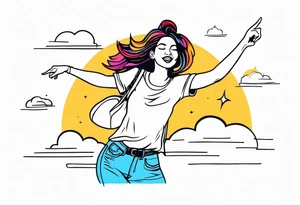 Silly. odd woman ugly dancing pointing her fingers up in the sky. tattoo idea