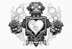 steampunk robot holding a beating heart in hands tattoo idea