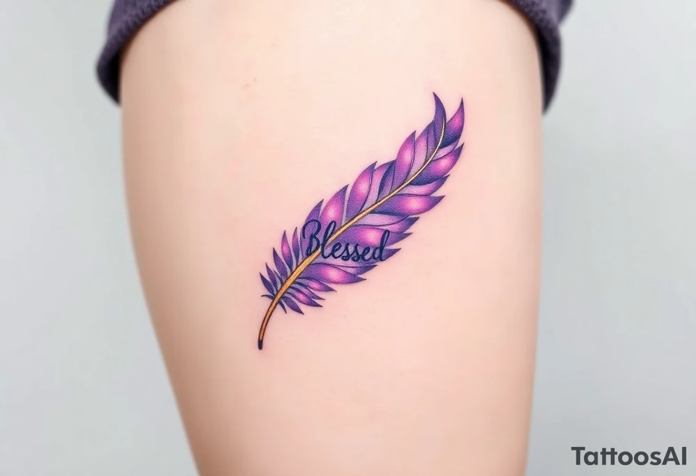 A radiant amethyst purple and gold feather, infused with soft glowing energy, featuring the word "Blessed", symbolizing gratitude for love tattoo idea