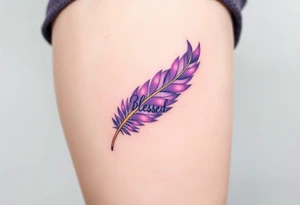 A radiant amethyst purple and gold feather, infused with soft glowing energy, featuring the word "Blessed", symbolizing gratitude for love tattoo idea