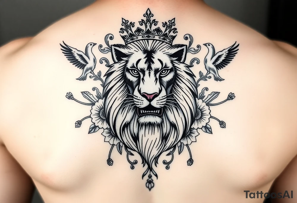 powerful majestic lion with a crown, surrounded by floral ornaments and birds tattoo idea