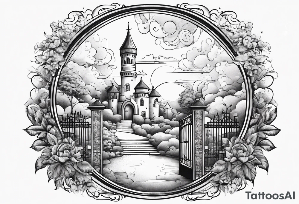 heaven summer town with tower houses gate entrance 
 in circle transparent clouds  vignette tattoo ink tattoo idea