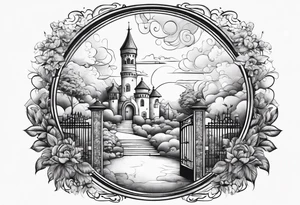 heaven summer town with tower houses gate entrance 
 in circle transparent clouds  vignette tattoo ink tattoo idea