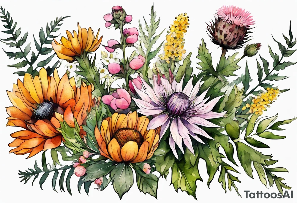 wildflowers with thistles, ferns, burnt orange flower, white flowers, pink flowers, and yellow flowers all in watercolor tattoo idea
