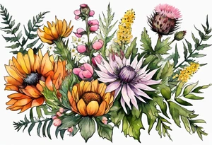wildflowers with thistles, ferns, burnt orange flower, white flowers, pink flowers, and yellow flowers all in watercolor tattoo idea