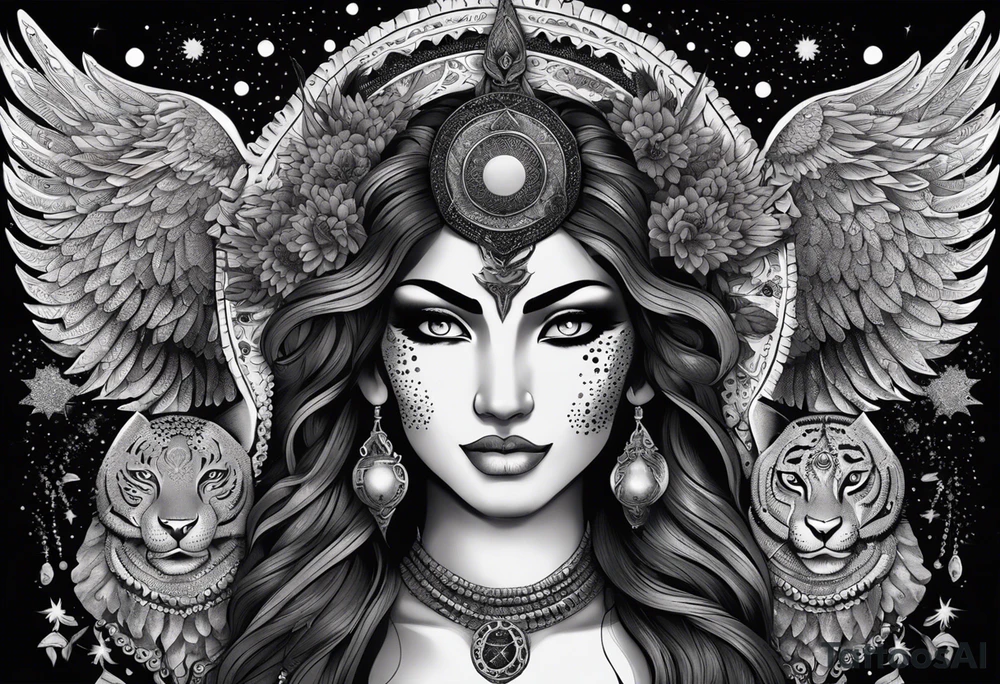 black kali, goddess pirate, alien, angel, pachamama, valkrye, warrior, flying, skull, lotus azul, wing, eagle, zenza resonance, stars, 5D, anahata chakra, death, durga, riding on a tiger, flying lady, kundalini, chest tatoo, samuri, rebel,serpent tattoo idea