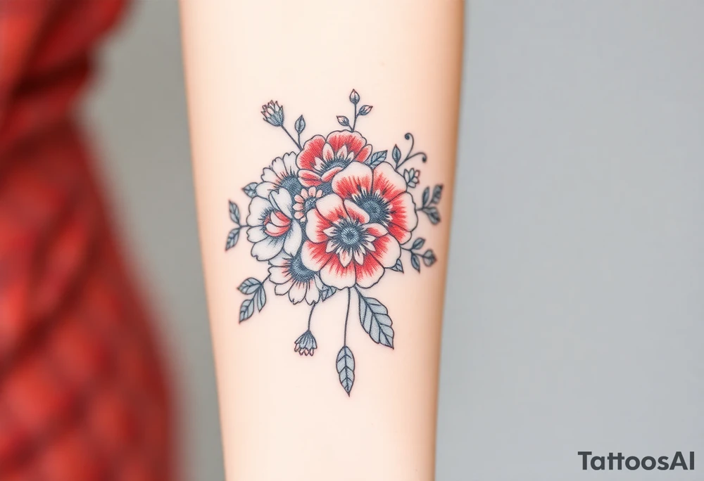 Bouquet of roses, carnations, marigolds and poppies tattoo idea