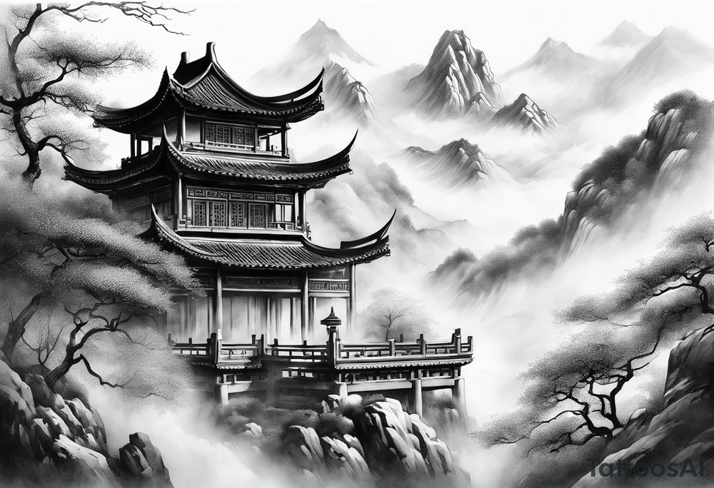 forearm sleeve traditional chinese art painting style autumn mountains mist fog water Chinese temple female with pony tail wearing robes meditating tattoo idea