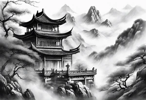 forearm sleeve traditional chinese art painting style autumn mountains mist fog water Chinese temple female with pony tail wearing robes meditating tattoo idea