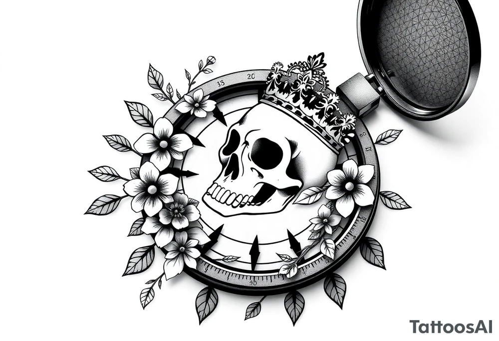 Compass with detailed beautiful gothic boho flowers on vine and skull with gorgeous crown tattoo idea