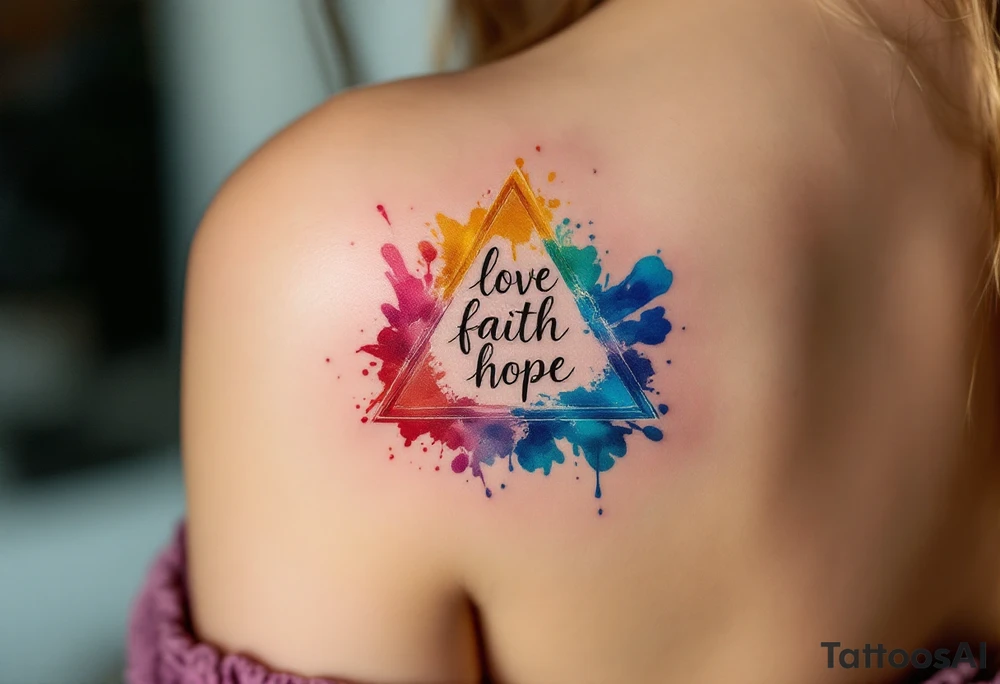 Words love faith hope arranged in a triangle, each corner marked with a watercolor splash—rose red, ocean blue, and golden yellow. tattoo idea