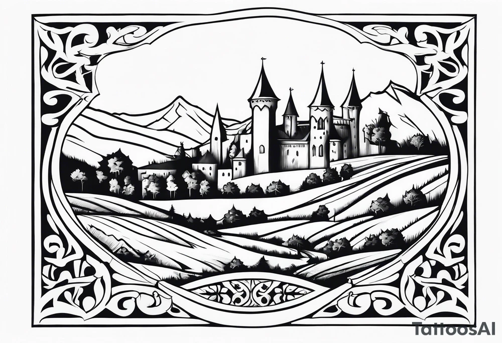medieval tribal city 
floral  land  vignette tattoo idea