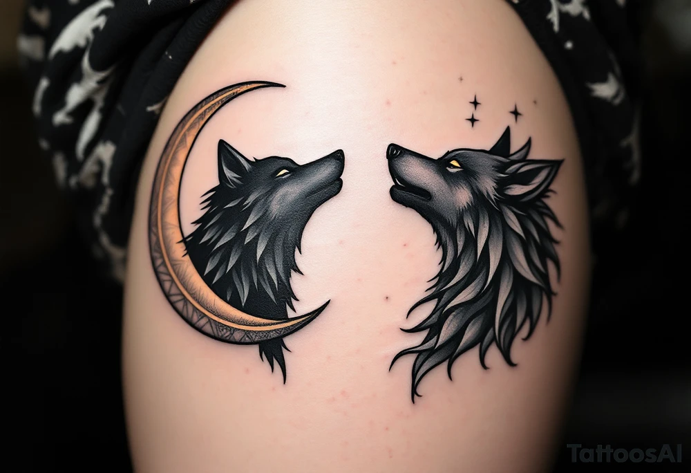 A howling black wolf for his shoulder blade and a silver crescent moon for her shoulder blade on the shoulders echo primal loyalty. tattoo idea