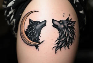 A howling black wolf for his shoulder blade and a silver crescent moon for her shoulder blade on the shoulders echo primal loyalty. tattoo idea