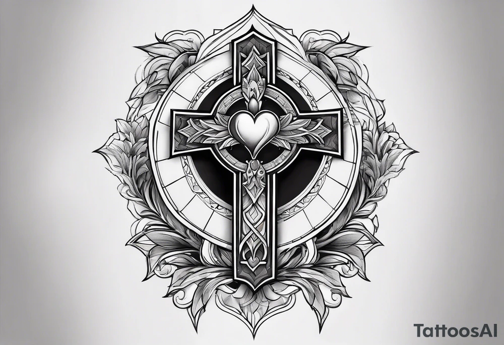 A forearm tattoo on the front of the forearm with a cross, the sacred heart of jesus and a sword tattoo idea