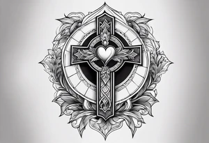 A forearm tattoo on the front of the forearm with a cross, the sacred heart of jesus and a sword tattoo idea