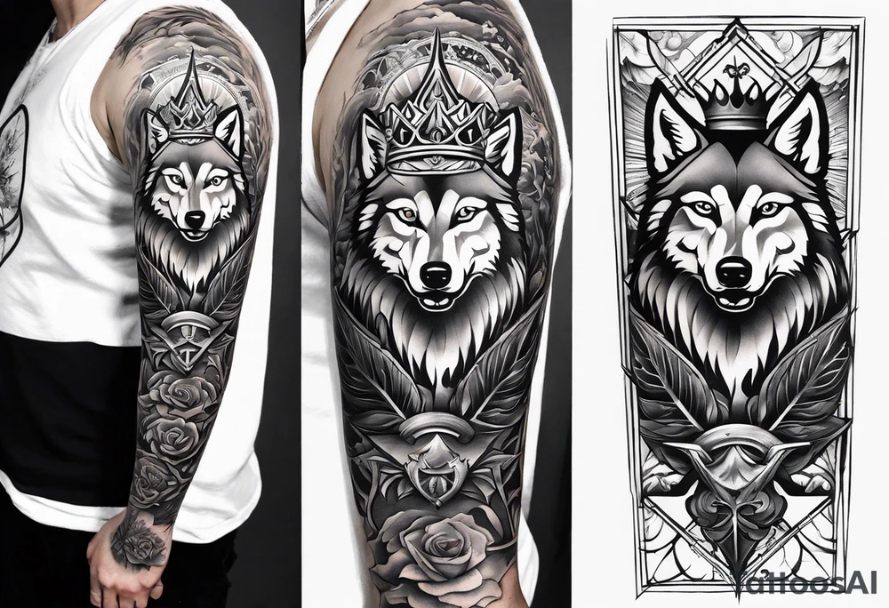 Create a vision of arm tattoo sleeve with combination of sword, crown, tree and three wolves to represent clients family roots tattoo idea