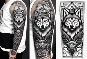 Create a vision of arm tattoo sleeve with combination of sword, crown, tree and three wolves to represent clients family roots tattoo idea