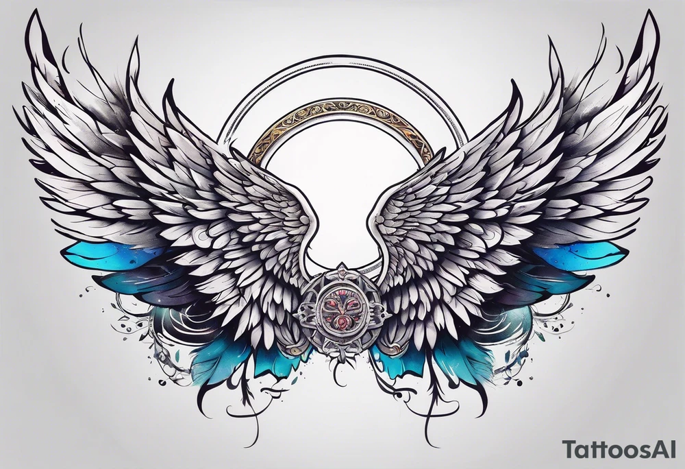 a pair of wings with a halo above them tattoo idea