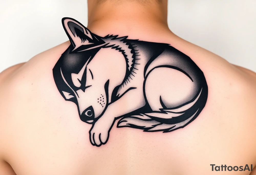 Majestic Siberian husky curled up napping tattoo idea
