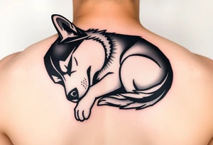 Majestic Siberian husky curled up napping tattoo idea