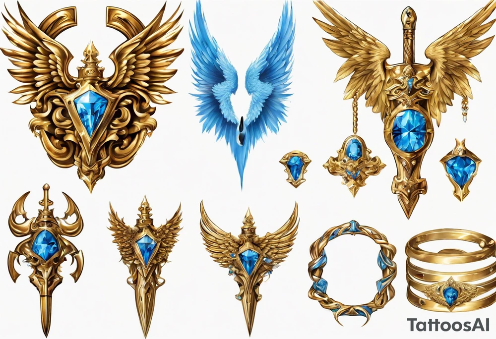 Bright Gold jewelry
Bronze wrist bands
Winged Angel
Sword
Muscle
Blue
Diamonds
Leather
White robe tattoo idea