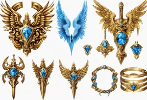 Bright Gold jewelry
Bronze wrist bands
Winged Angel
Sword
Muscle
Blue
Diamonds
Leather
White robe tattoo idea