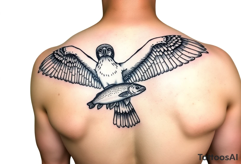 Realistic sized Osprey with a small trout in its talons tattoo idea