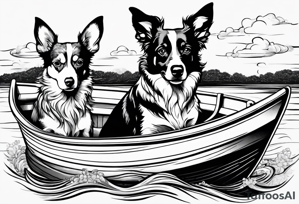 two dogs in a boat. One dog is tan with big ears like a chihuahua. The other dog is black and white and looks like an australian shepherd with floppy ears tattoo idea