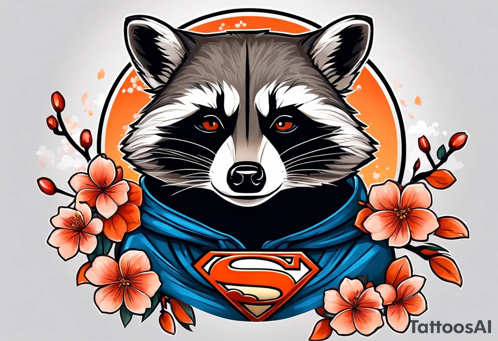 Raccoon wearing a white Superman logo on a black hoodie and orange Japanese cherry blossoms beside tattoo idea
