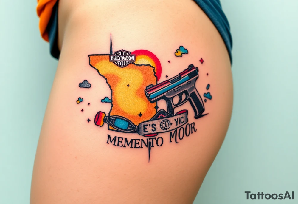 colorful futuristic memory tattoo for passed boyfriend; sunshine state, Harley Davidson, skateboarding, puzzle pieces, video games, heaven, god, outdoors, beretta 9mm gun, disc golf, words "MEMENTO MORI" & DARTH CARTER tattoo idea