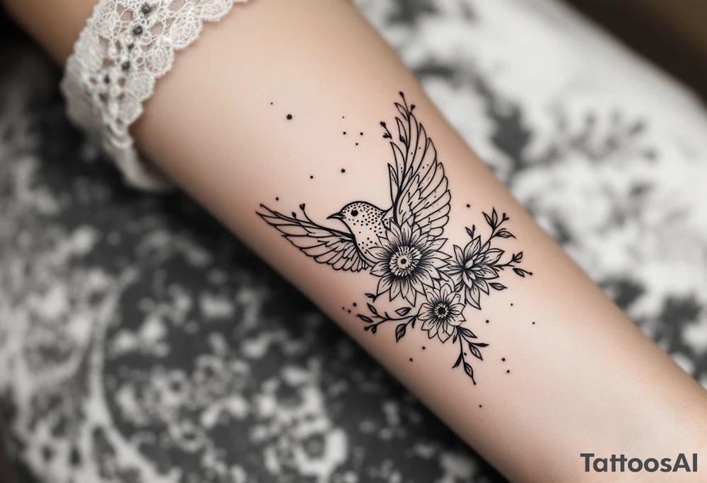 Solid bird with flowers tattoo idea