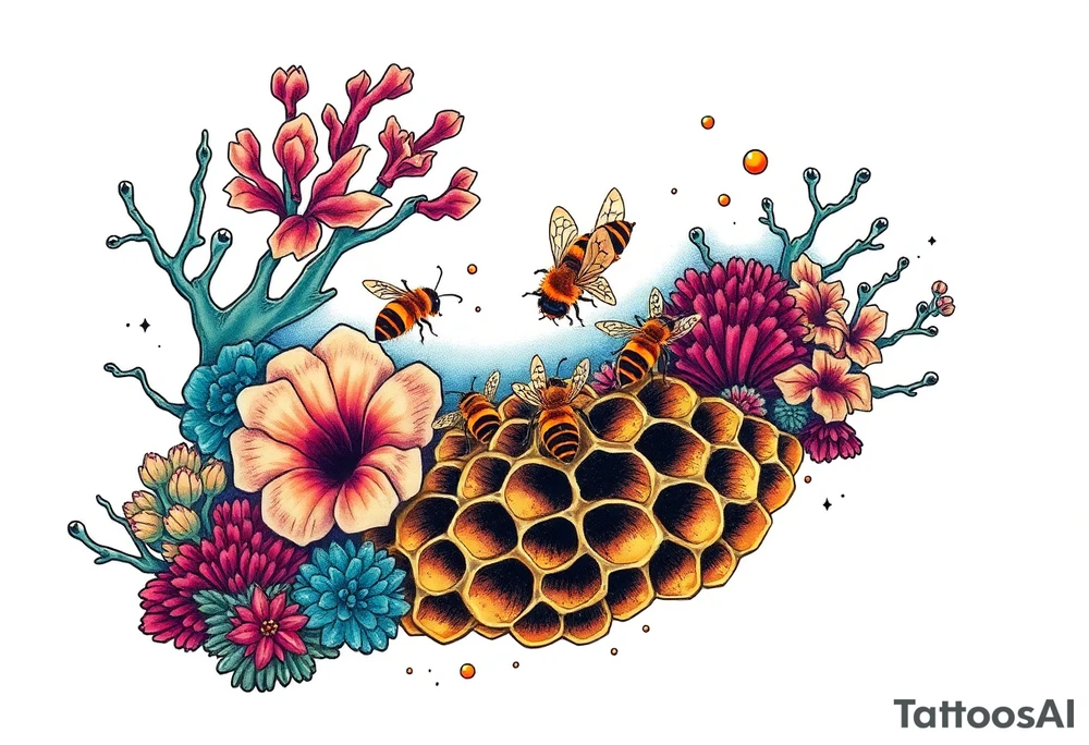 Coral reef scene with honey bees swimming on honey comb tattoo idea