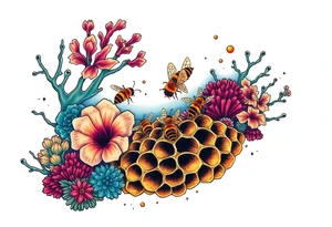 Coral reef scene with honey bees swimming on honey comb tattoo idea