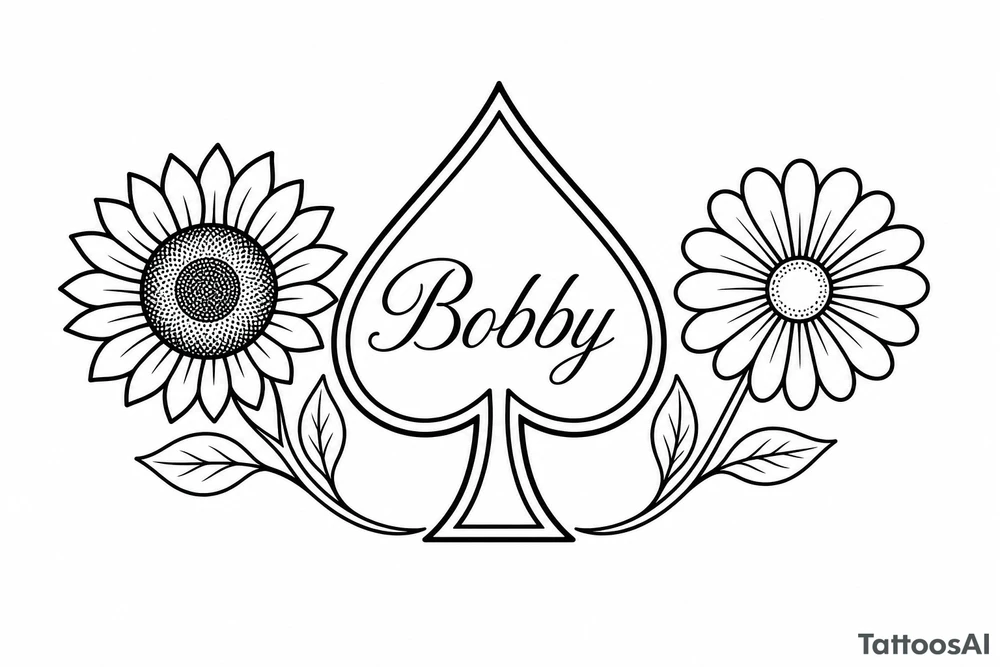 Bobby middle center inside the middle of the spade with a sunflower and a daisy on each side of the spade very super extremely traceable to trace onto notebook paper, very super extremely easy and simple traceable tracing black and white outlining outline coloring pages very super extremely traceable to trace onto notebook paper tattoo idea